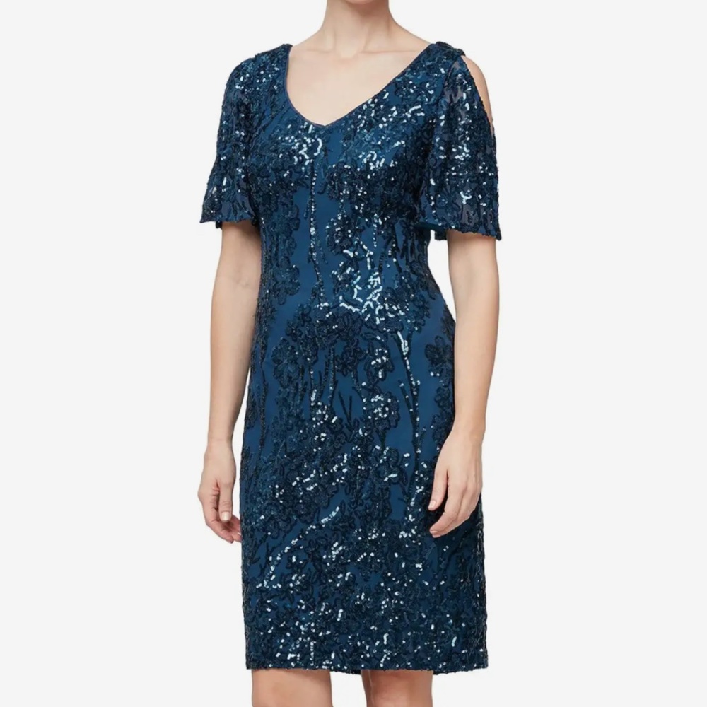 Alex Evenings Slit Sleeve Sequin Cocktail Sheath Dress, size 12